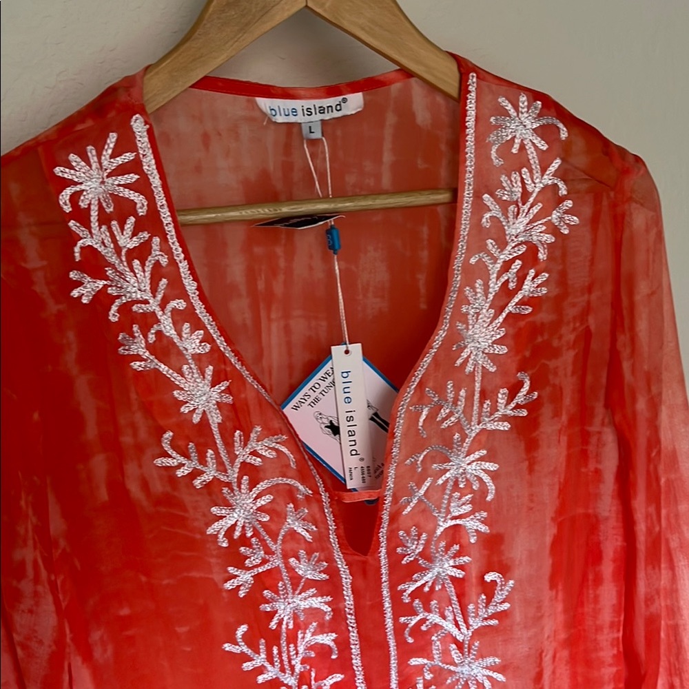 Blue Island Orange Embellished Long Sleeve Beach Coverup Tunic W/tags Sz L - Picture 3 of 6